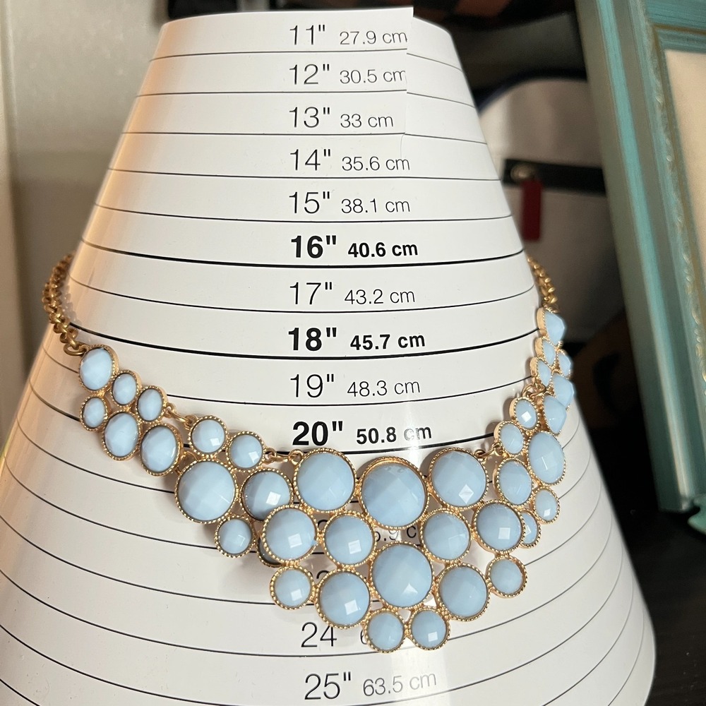 Vintage Retro Sky Blue Cabochon Bib Statement Necklace Gold Tone Geo Bubbles - Picture 13 of 13